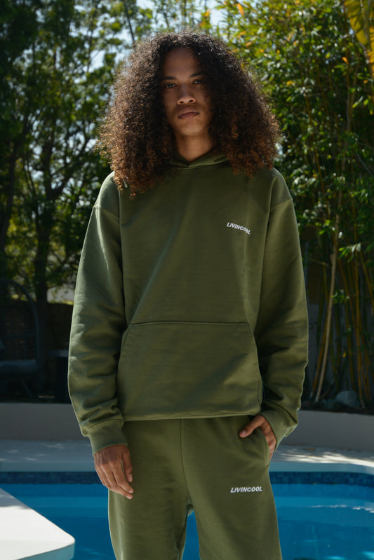 EMBROIDERED SLICK HOODIE ARMY GREEN