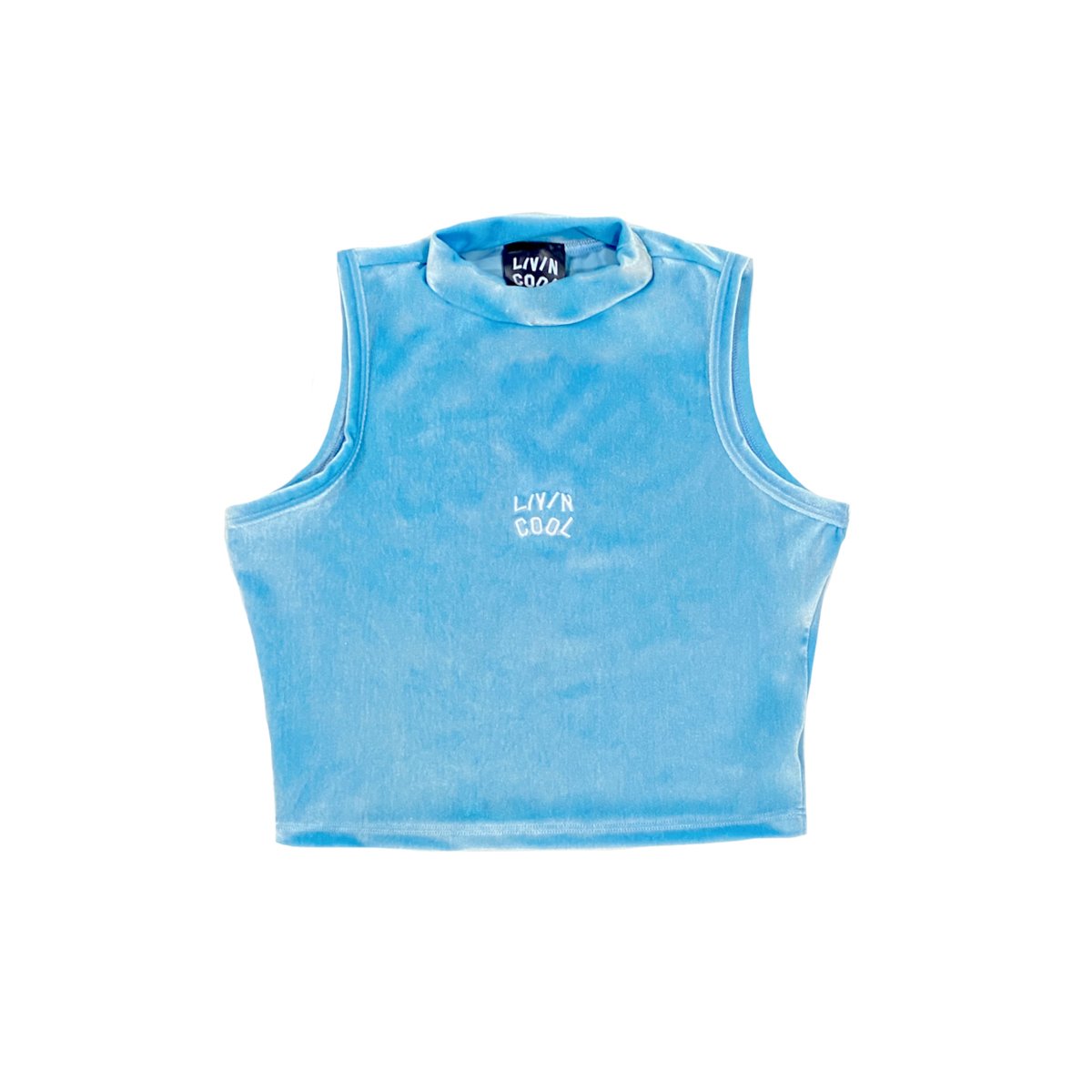 MOCK NECK VELVET CROP TOP SKY BLUE